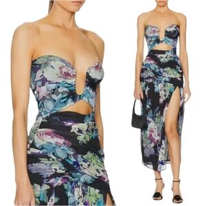 NICHOLAS Floral Strapless Midi Dress - Blue and Purple